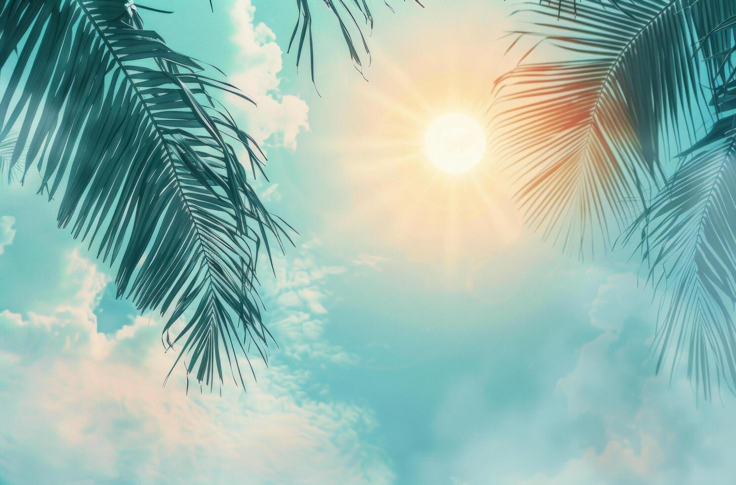 AI generated a beautiful sun in the sky on a tropical beach background photo