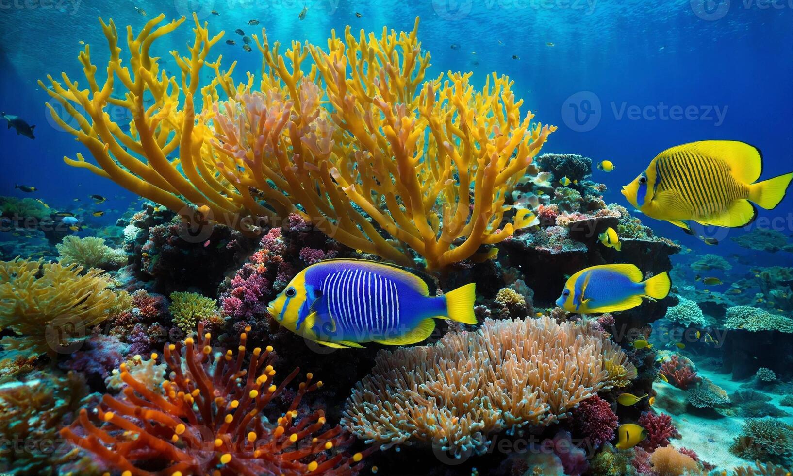 AI generated Underwater scene. Coral reef, colorful fish groups and sunny sky shining through clean ocean water. photo