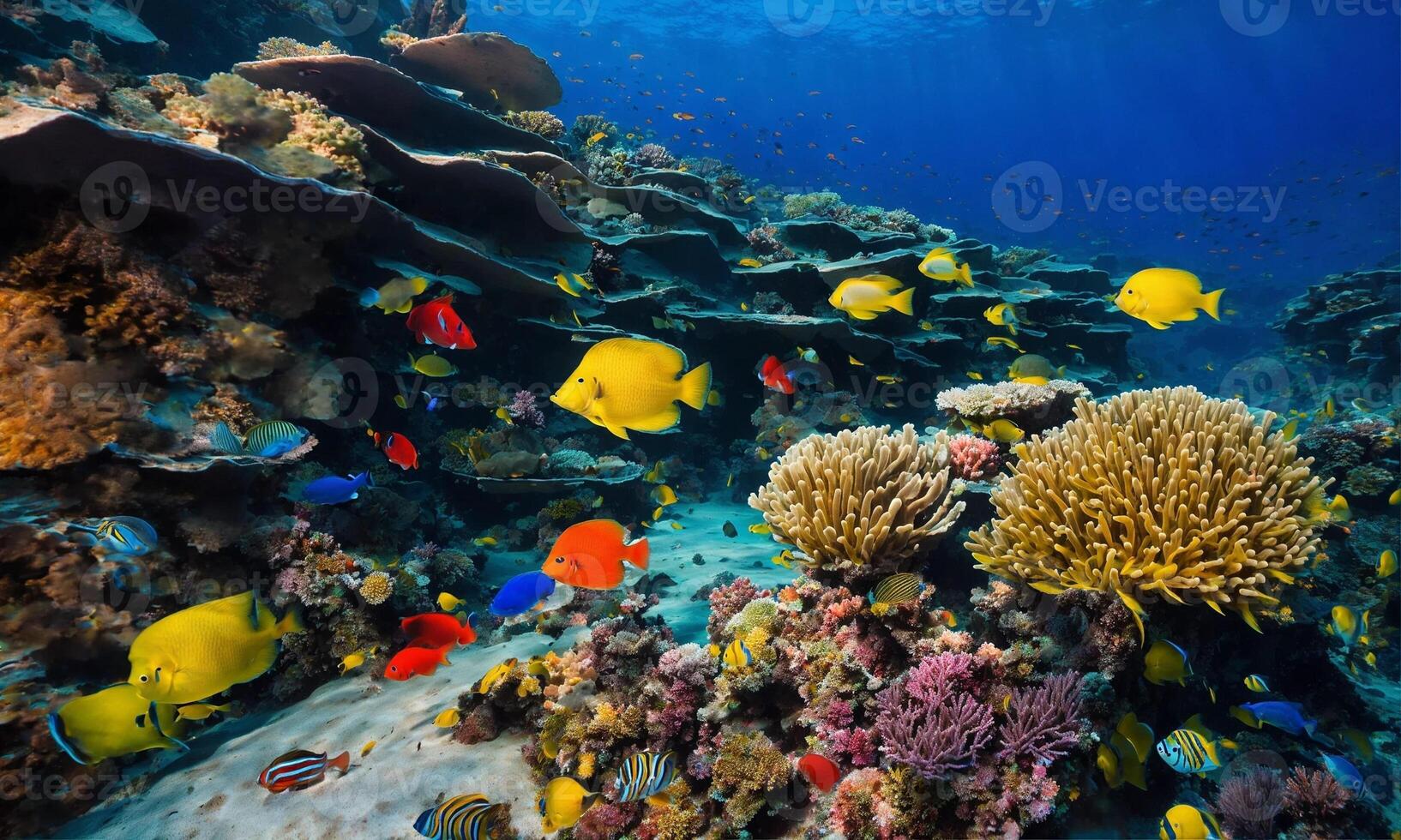 AI generated Underwater scene. Coral reef, colorful fish groups and sunny sky shining through clean ocean water. photo