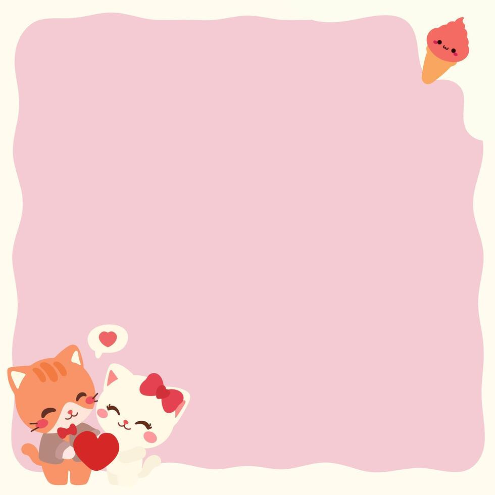 Cute Cat Paper Memo, Note Memo, and Sticky Note with Valentine's Illustrations. Template for Planners, Notepads, Cards, and Other Office Supplies. Vector Illustration in Animal Cartoon Style.