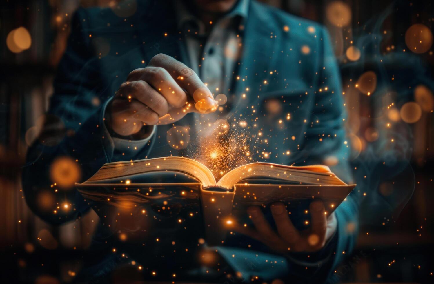 AI generated man in a suit opening a book at night, glowing lights behind photo