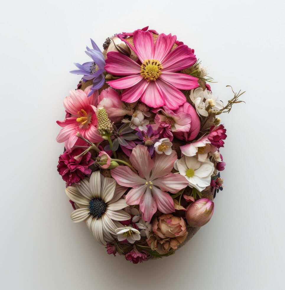 AI generated flowers are arranged into an egg shape photo
