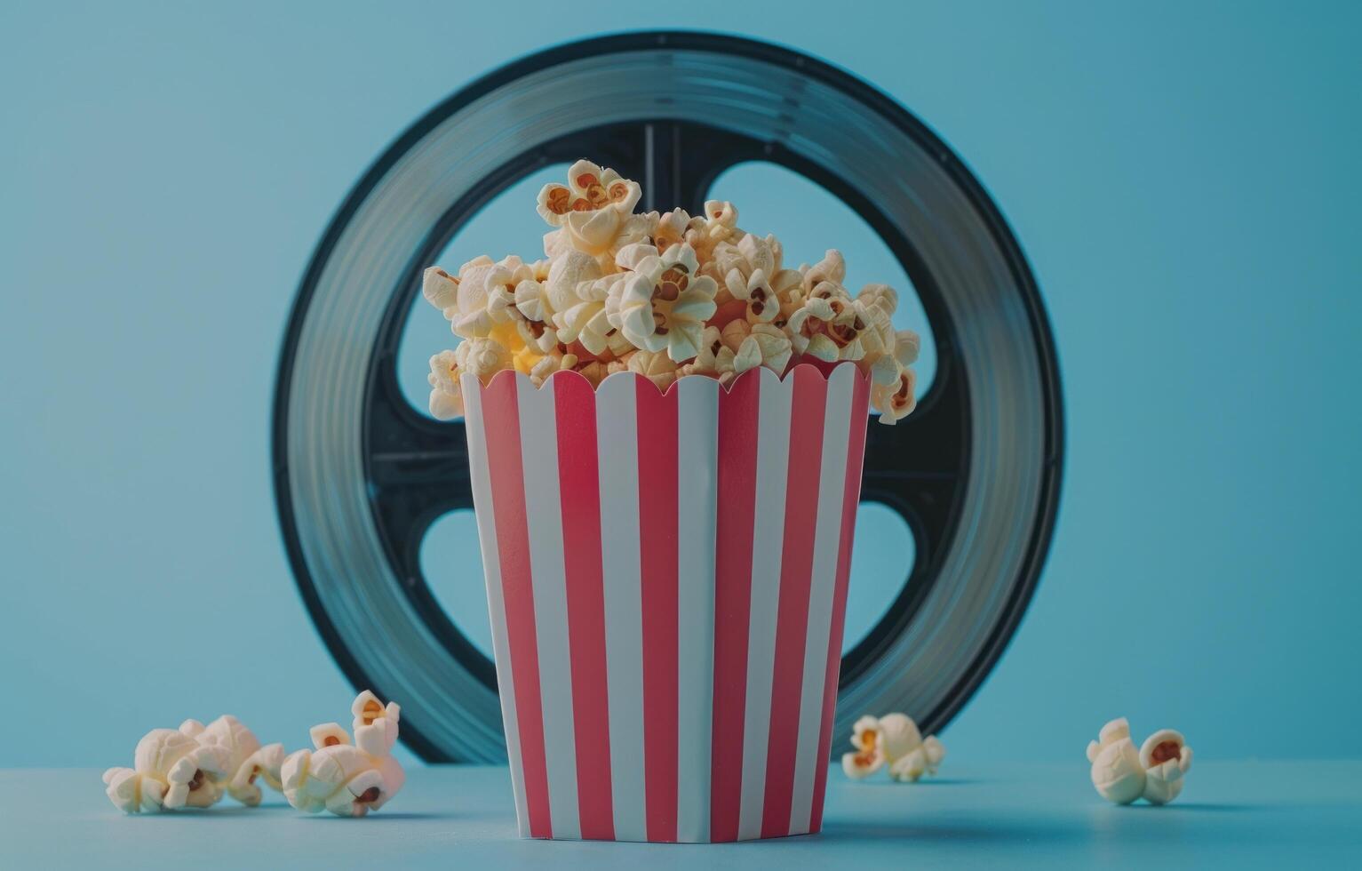 AI generated an empty movie theatre popcorn bucket next to a movie reel photo