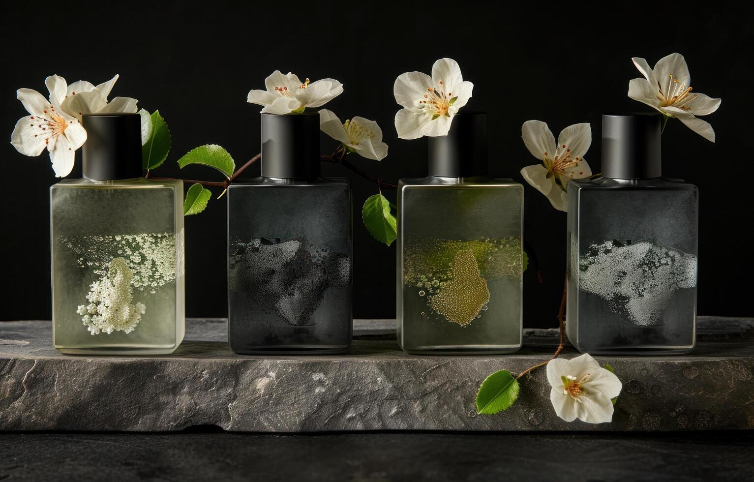 AI generated four bottles of perfume with perfume on top of them photo
