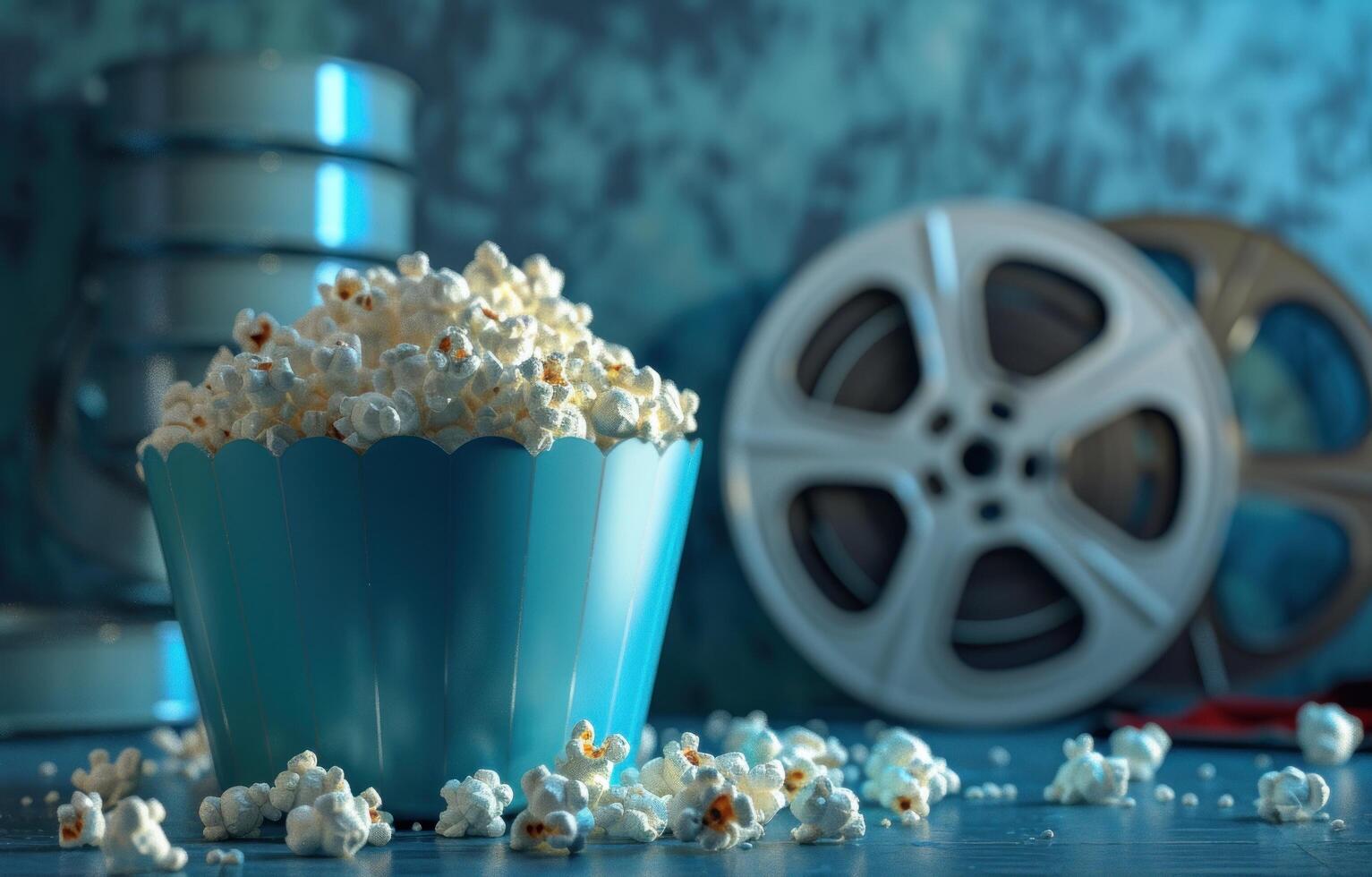 AI generated cinemas, popcorn, box and film reels with some popcorn photo