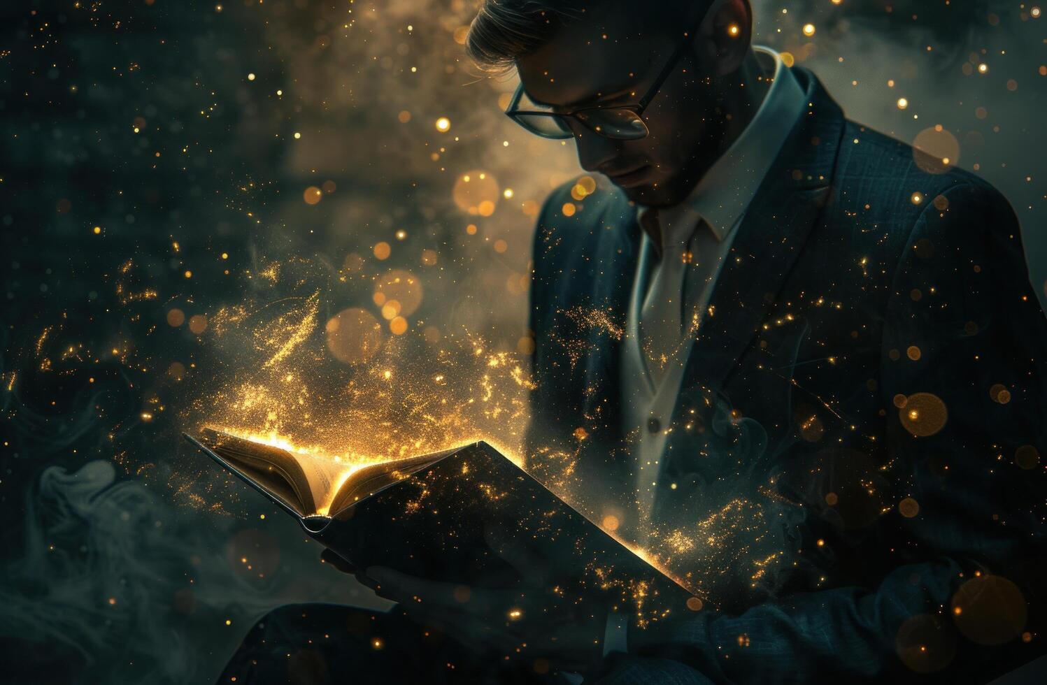 AI generated man in a suit opening a book at night, glowing lights behind photo