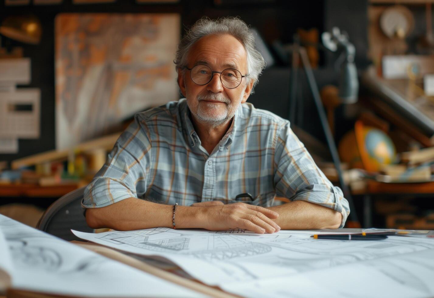AI generated a man is sitting at a table with architect paper in front photo