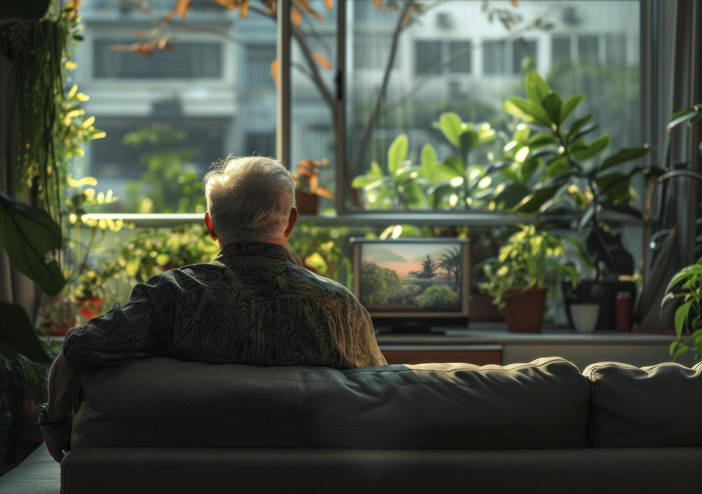 AI generated man watching tv from lounge couch photo