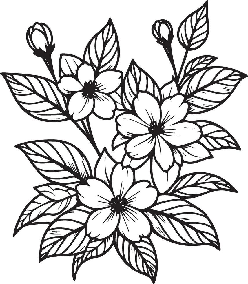 Floral ornament, spring flowers with beautiful jasmine flower decoration, crayon drawing home decor isolated on white background vector