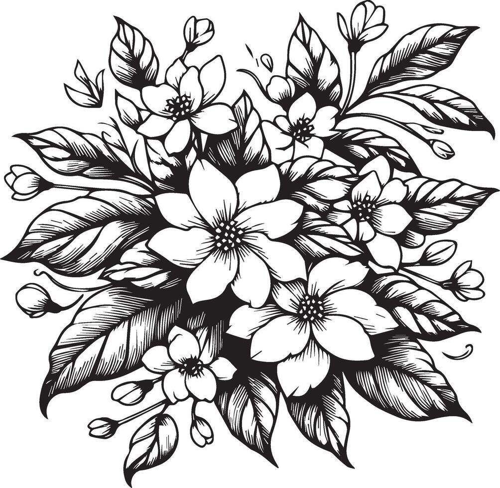 Jasmine flower outline, Beautiful botanical floral pattern illustration for coloring page or book, star jasmine, flower sketch art hand drawn monochrome, vector art, zen doodle illustration