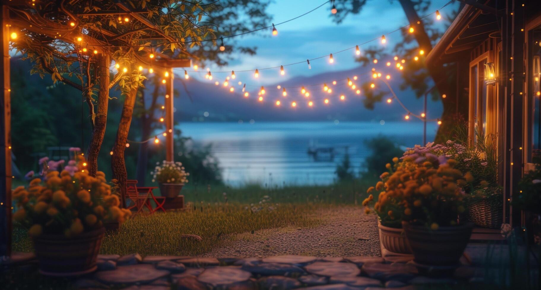 AI generated a garden yard lit up by string lights during dusk photo