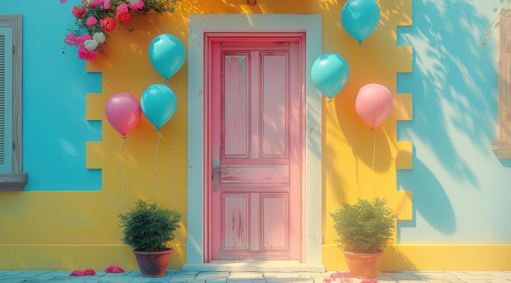 AI generated pretty pink door with several colorful balloons photo