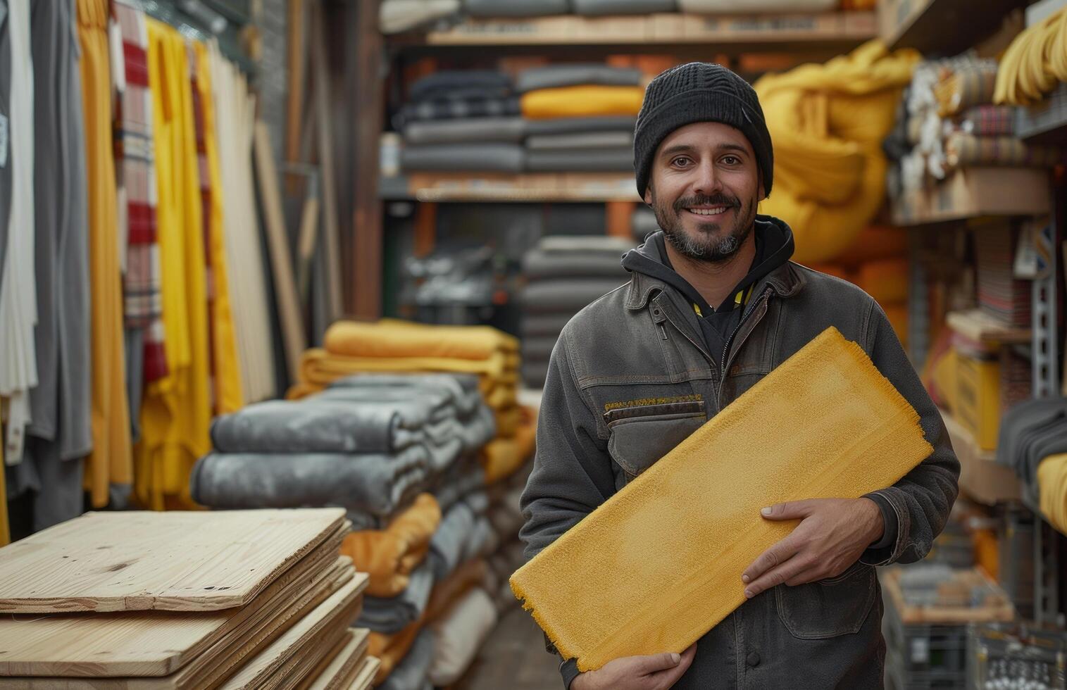 AI generated a construction worker is holding a wooden board in a shop photo