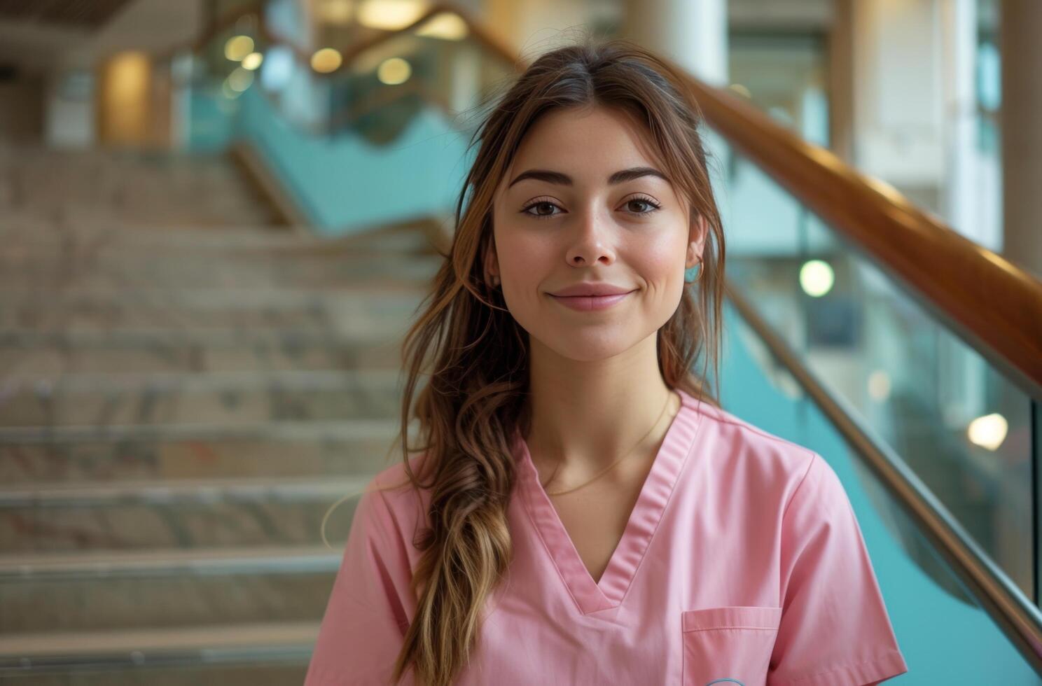 ai generado un atractivo hembra enfermero en rosado uniforme en pie en escalera foto