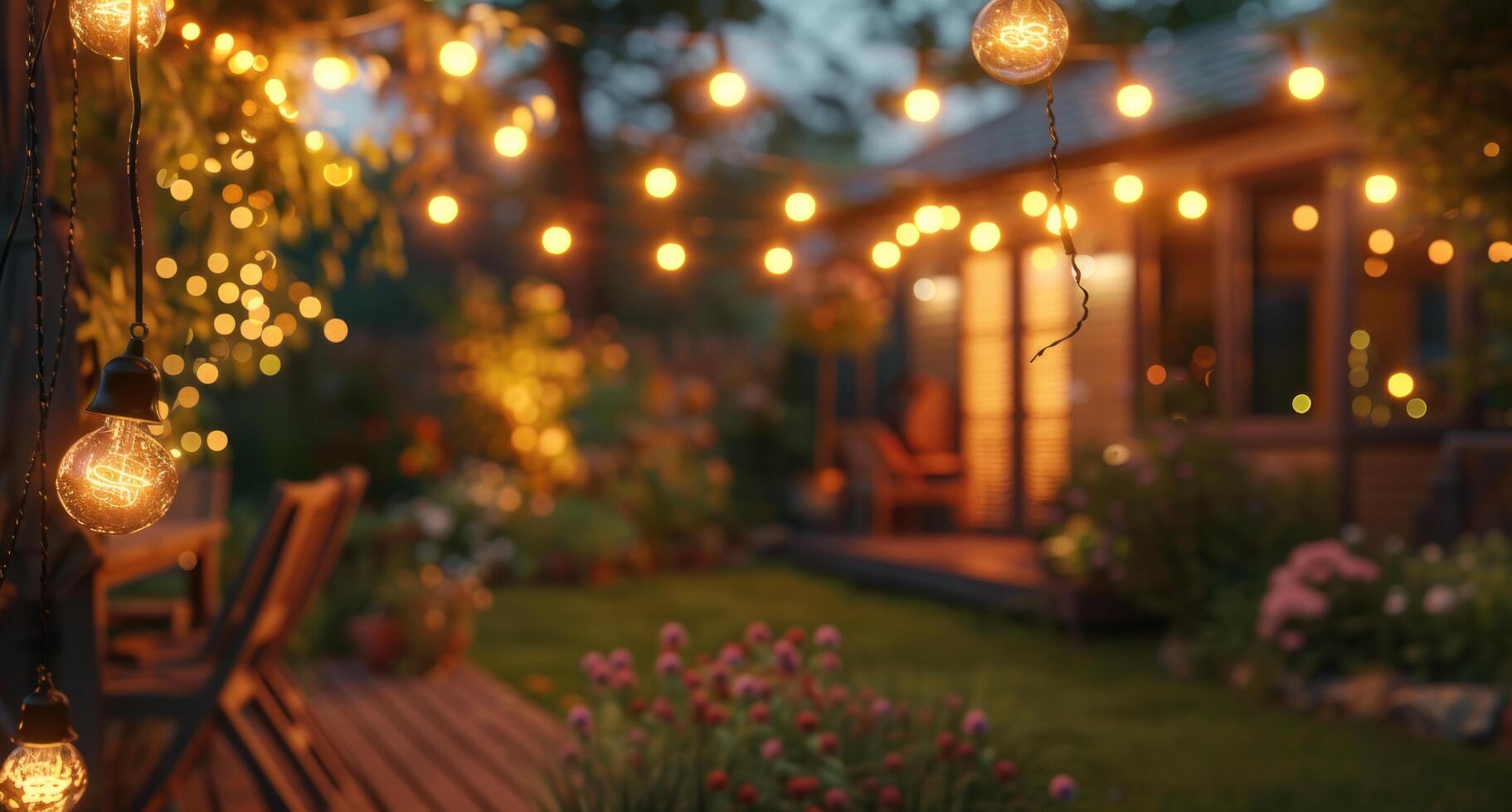 AI generated a garden yard lit up by string lights during dusk photo