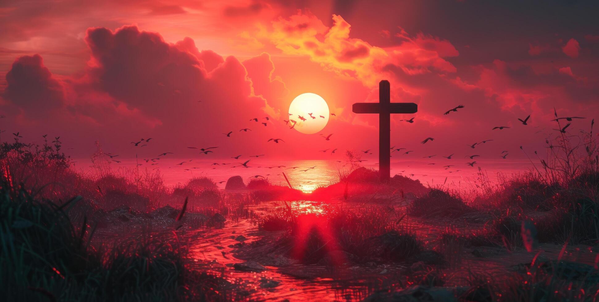 AI generated cross and birds in sunset photo