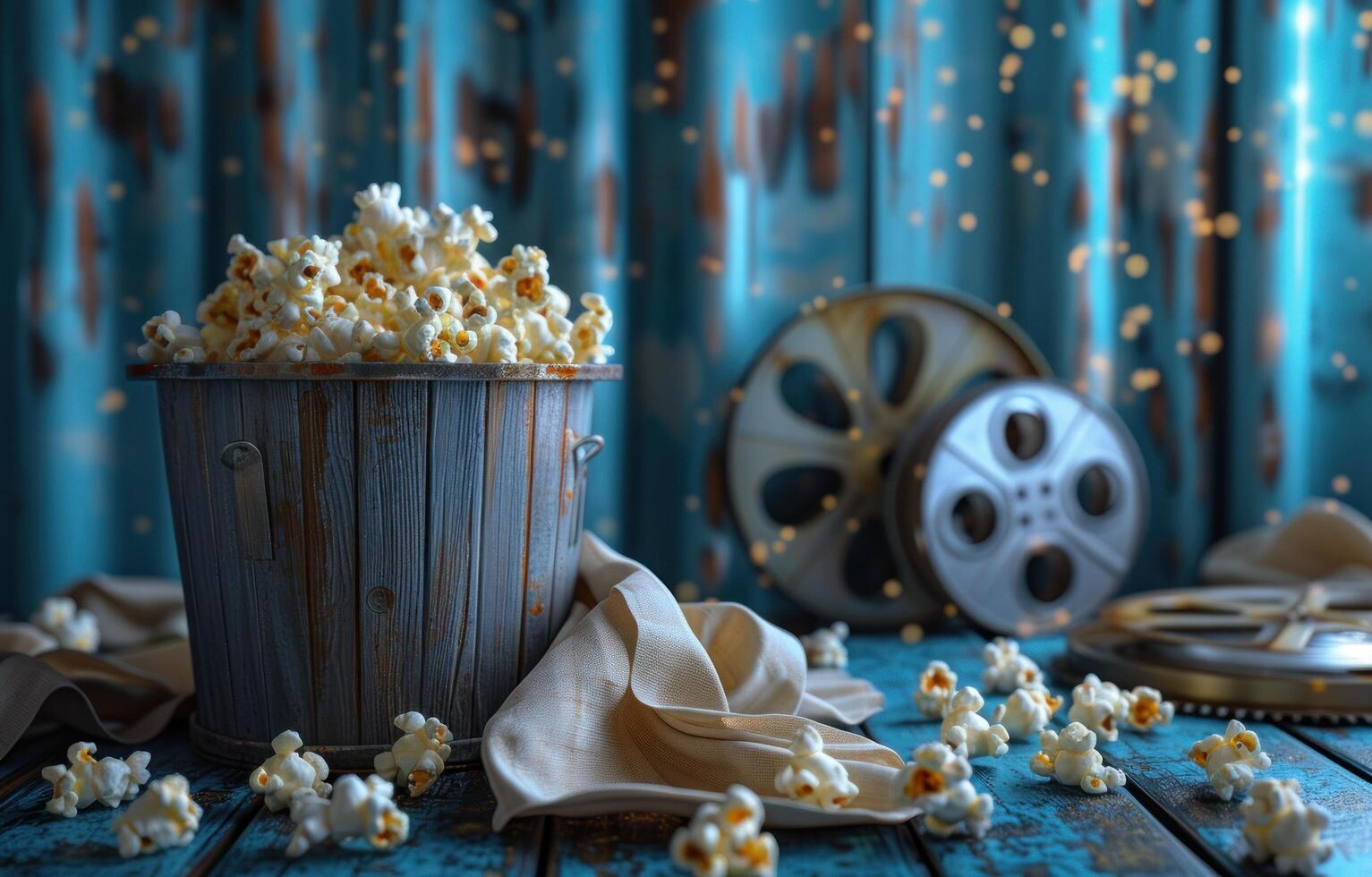 ai generado cines, Palomitas, caja y película carretes con algunos palomitas de maiz foto