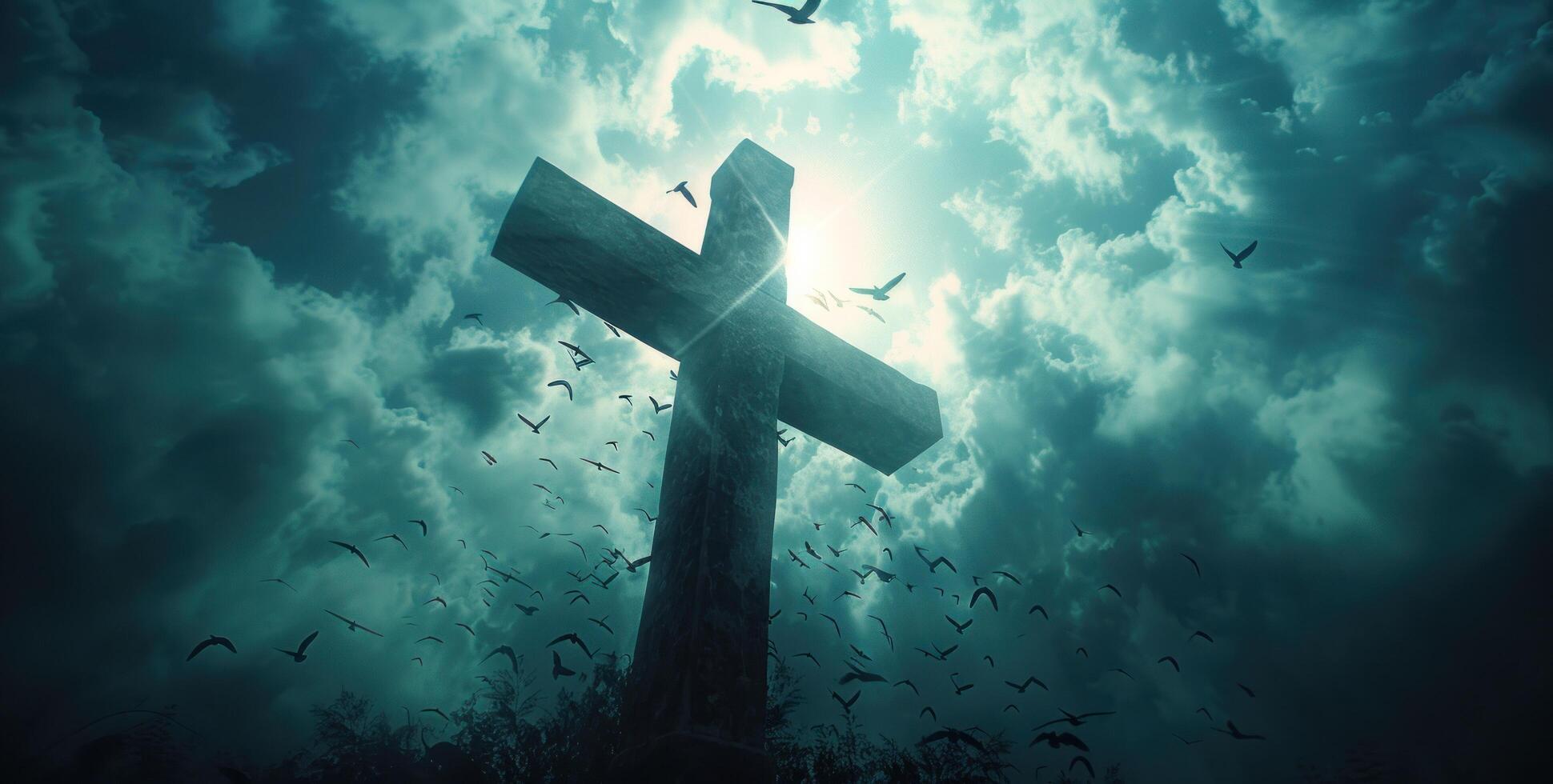 AI generated a cross with several birds flying above photo