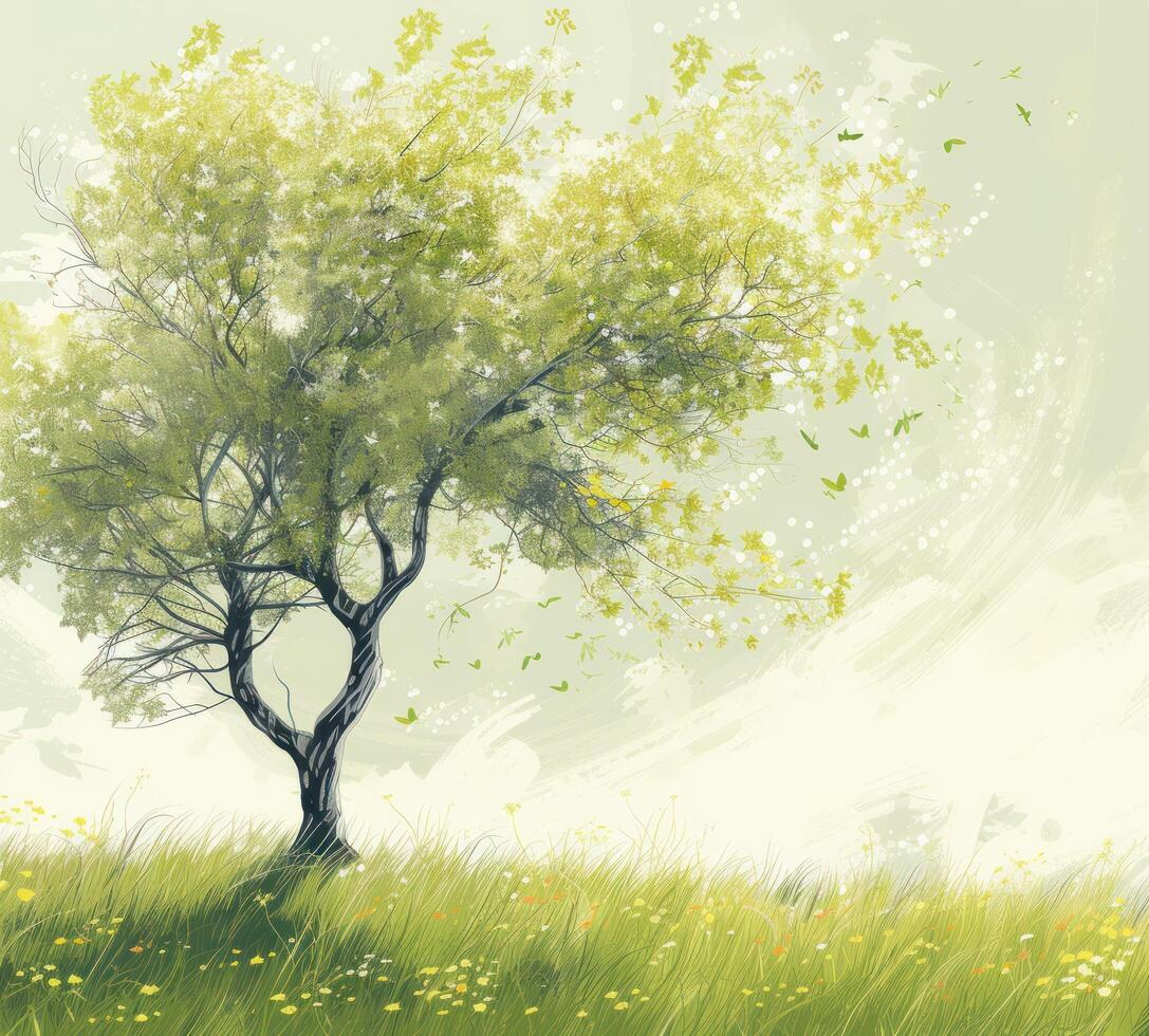 AI generated leafy tree in sunny grass photo