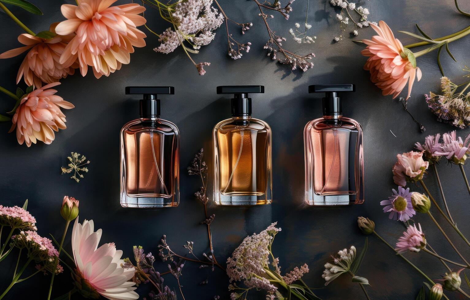 AI generated 3 different small bottles of perfumes on a black surface photo
