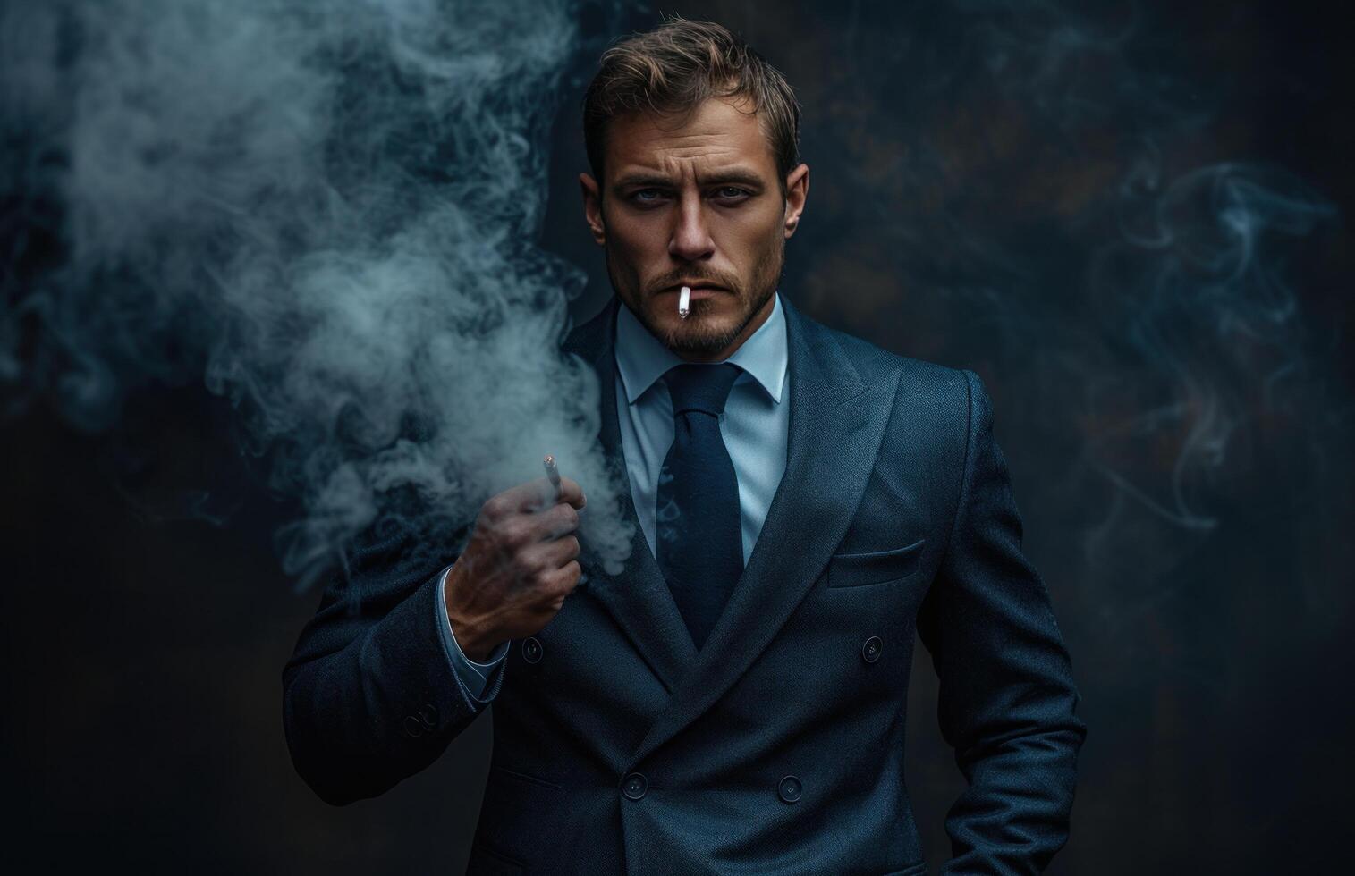 AI generated man in suit smoking a cigarette photo