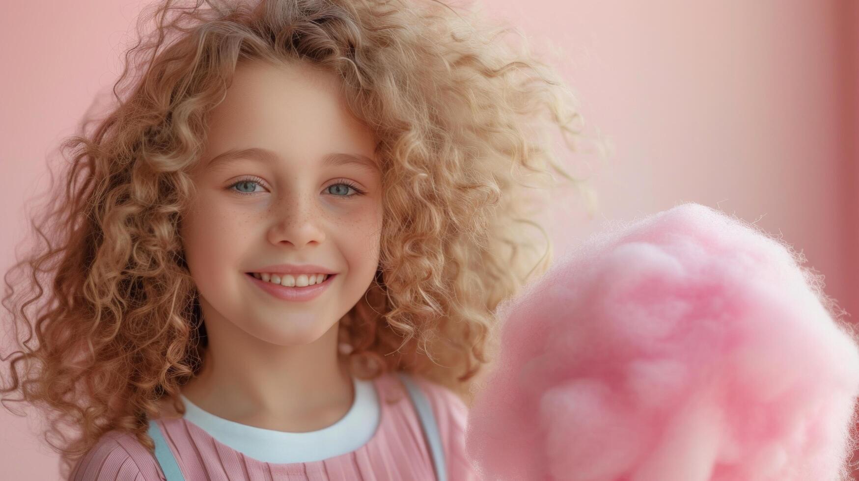ai generado chica, 10 años viejo, soportes sonriente y mirando a el cámara, participación un grande rosado algodón caramelo en su mano foto