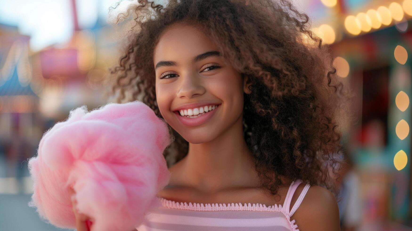 ai generado un hermosa chica, soportes sonriente y mirando a el cámara, participación un grande rosado algodón caramelo en su mano. foto