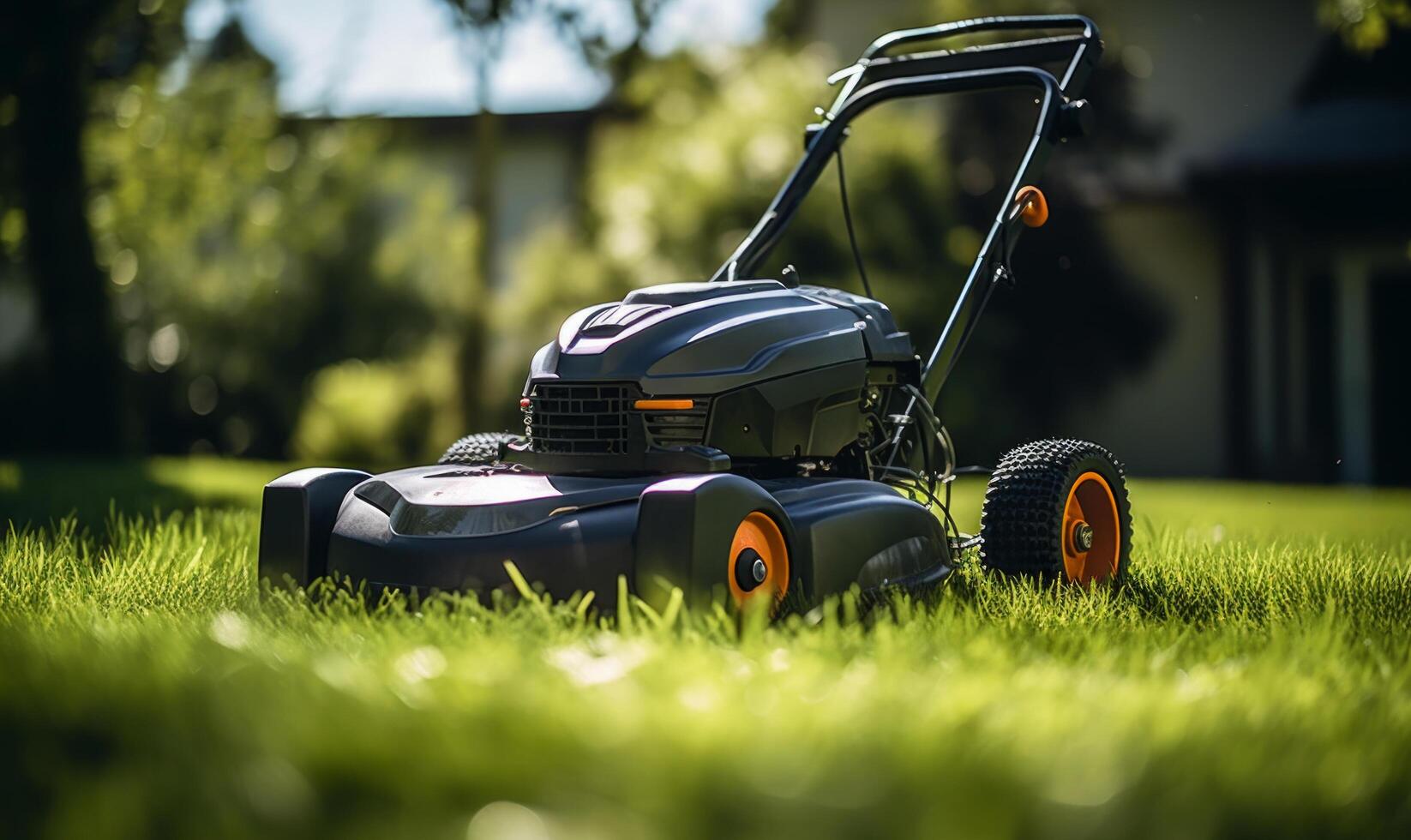 AI generated a person is mowing grass with a electric lawn mower photo