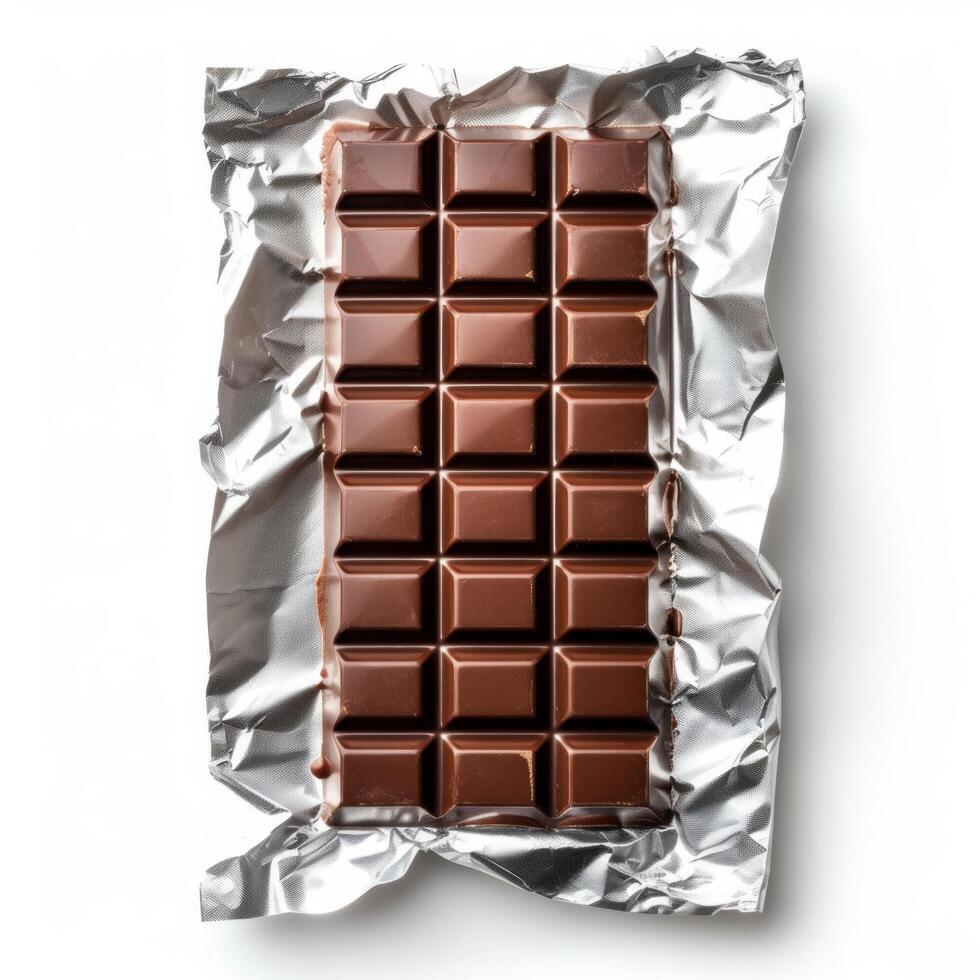 AI generated chocolate bar in silver wrapper isolated on white background photo