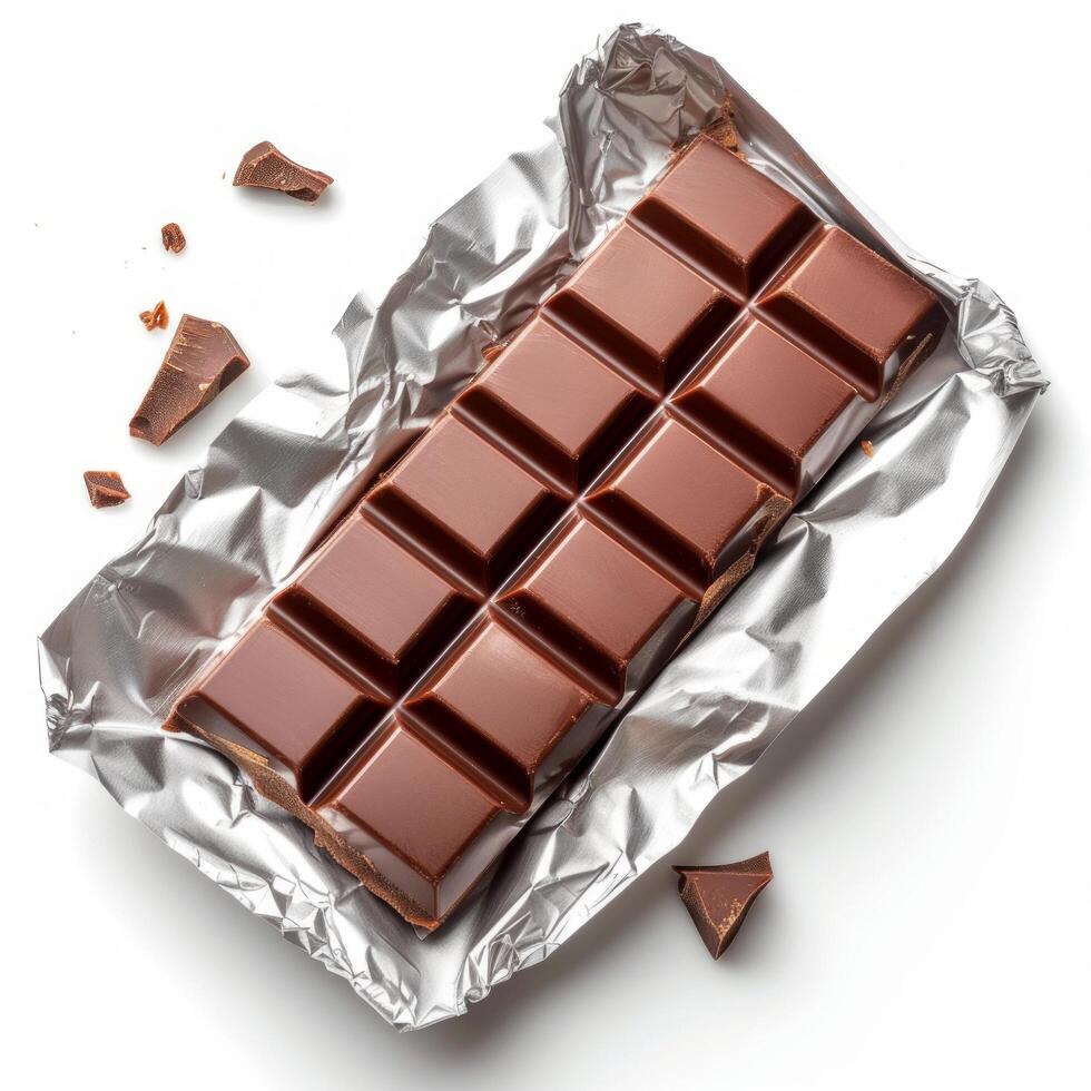 AI generated chocolate bar in silver wrapper isolated on white background photo