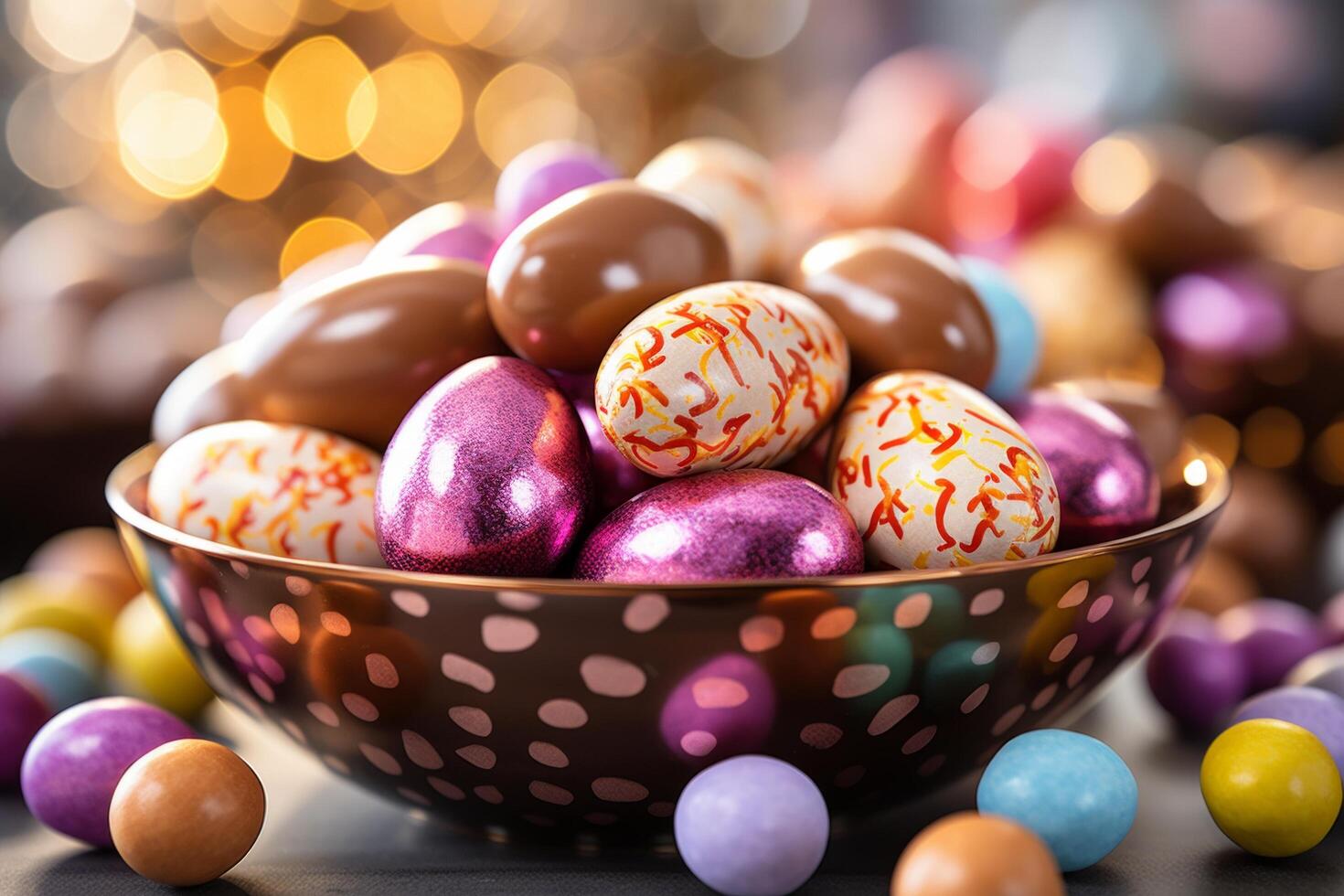 AI generated chocolate in sachets, easter candies, and other treats photo