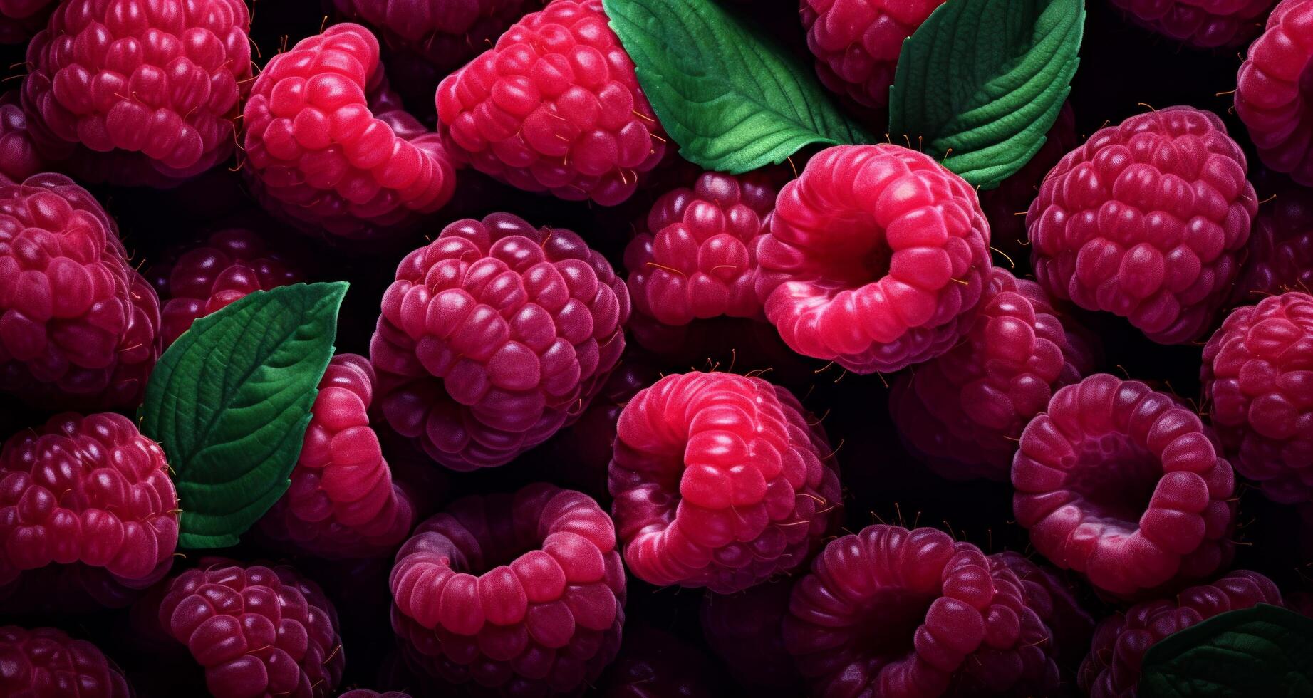 AI generated many raspberries with leaves in the background photo