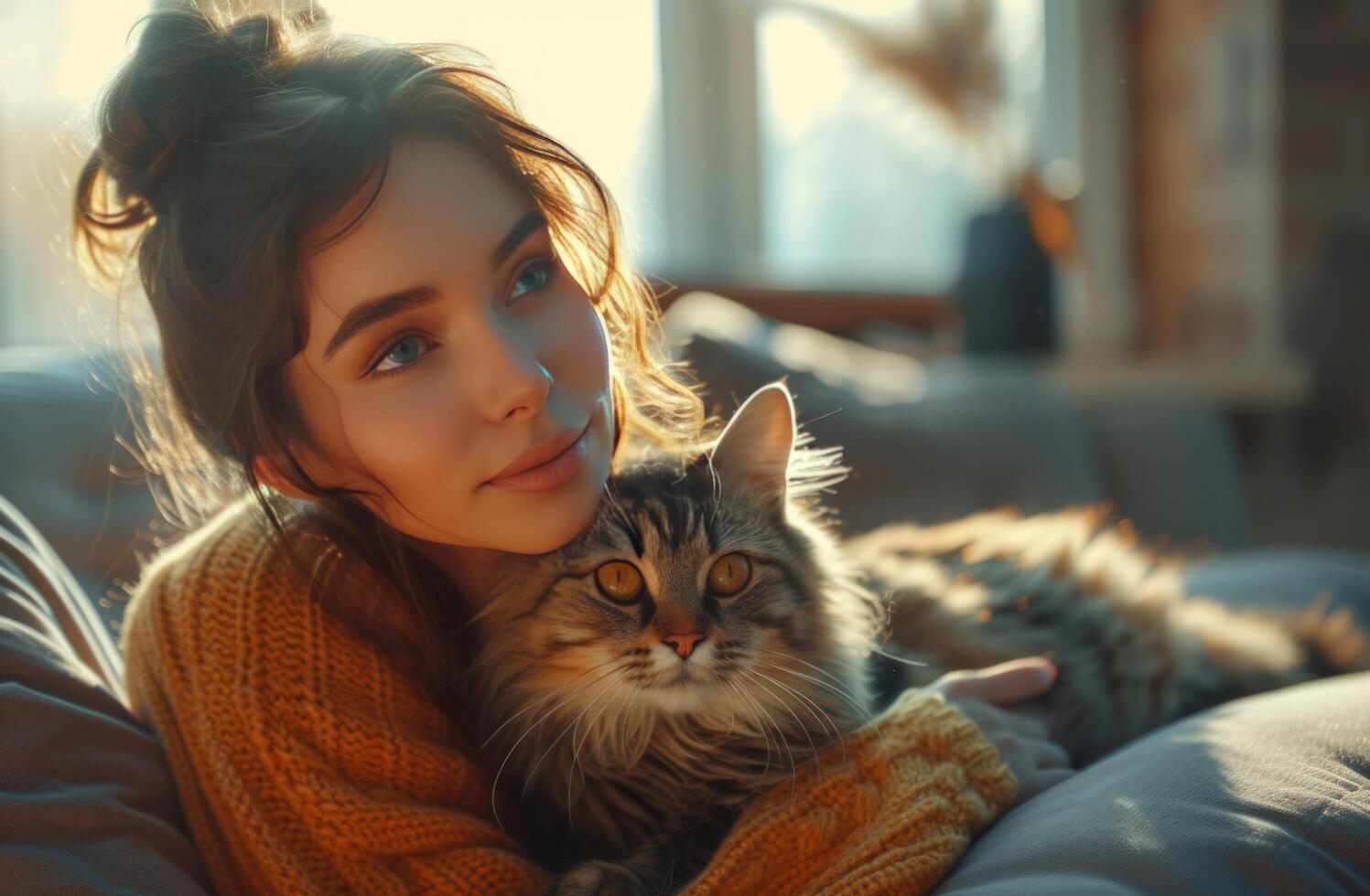 AI generated a beautiful woman plays with a cat on a gray ottoman photo