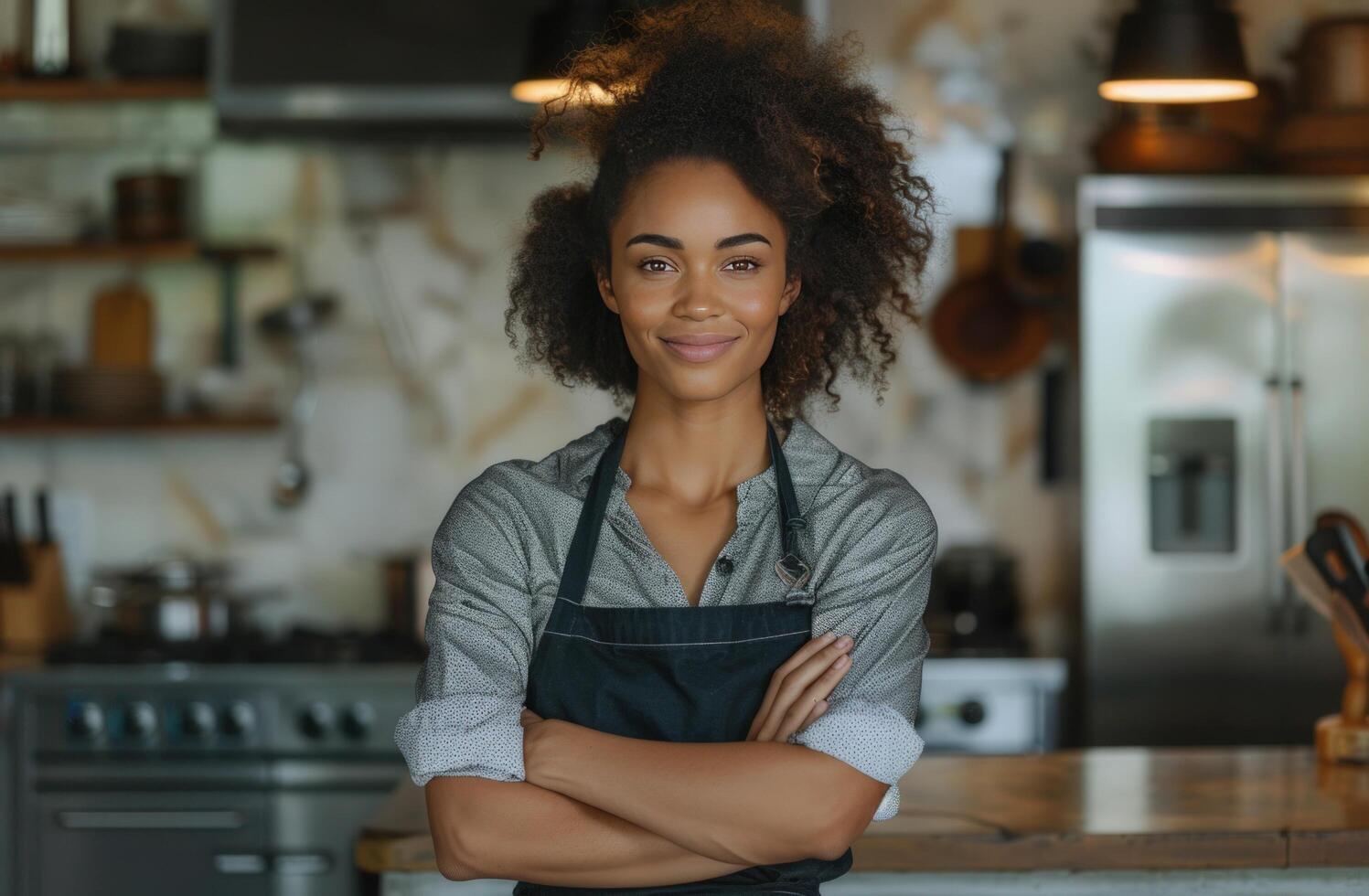 AI generated a beautiful woman chef in the kitchen with her arms crossed photo