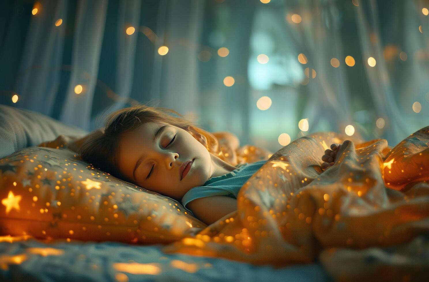 ai generado un niño duerme en un cama con estrellas, foto