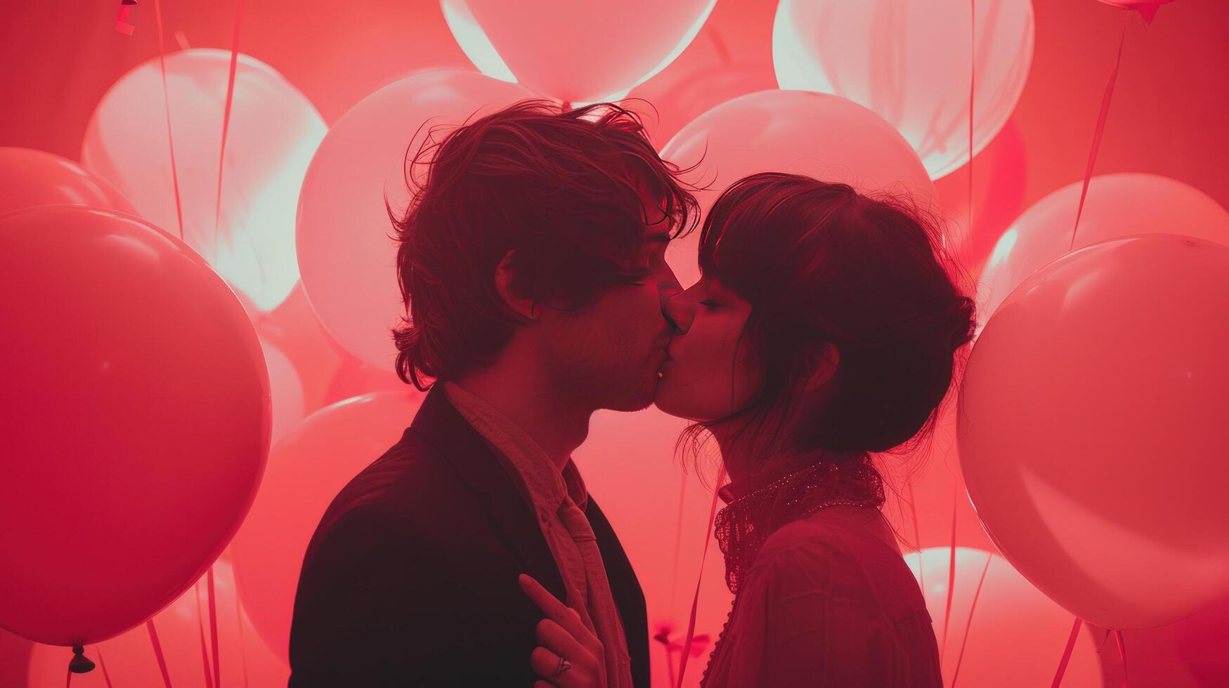 ai generado un hombre y un mujer besando, con rosado globos en su brazos foto