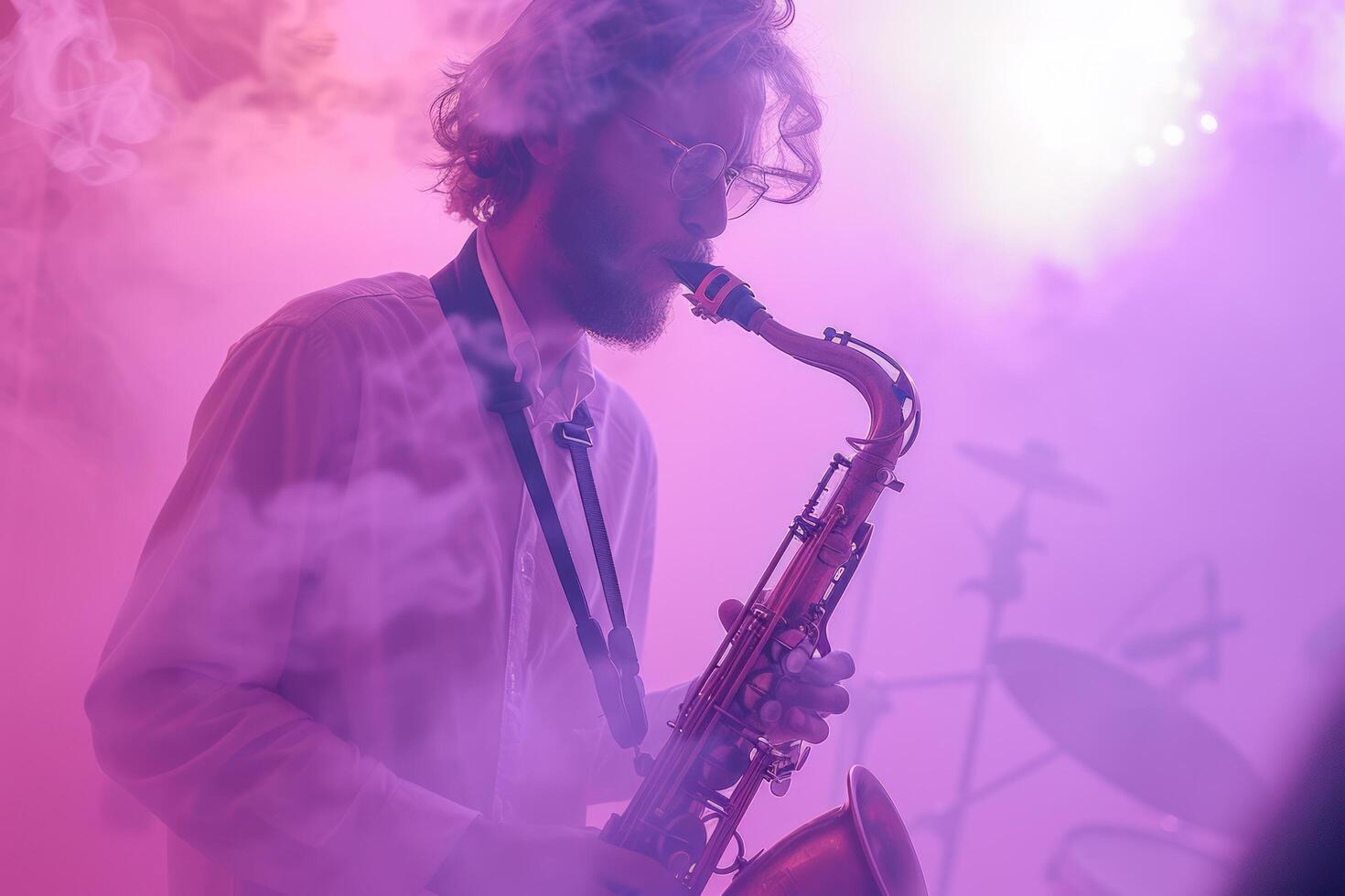 AI generated a man plays the saxophone on a background of smoke photo