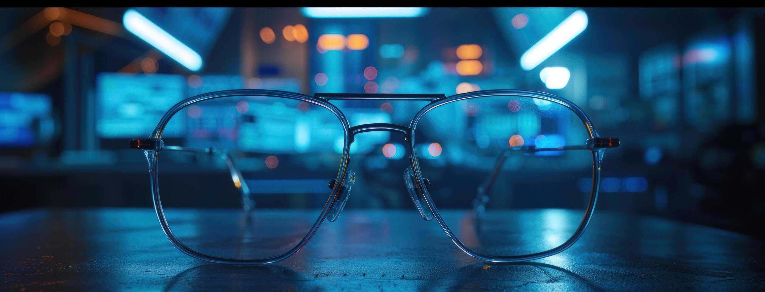 AI generated a pair of glasses sitting on a dark table photo