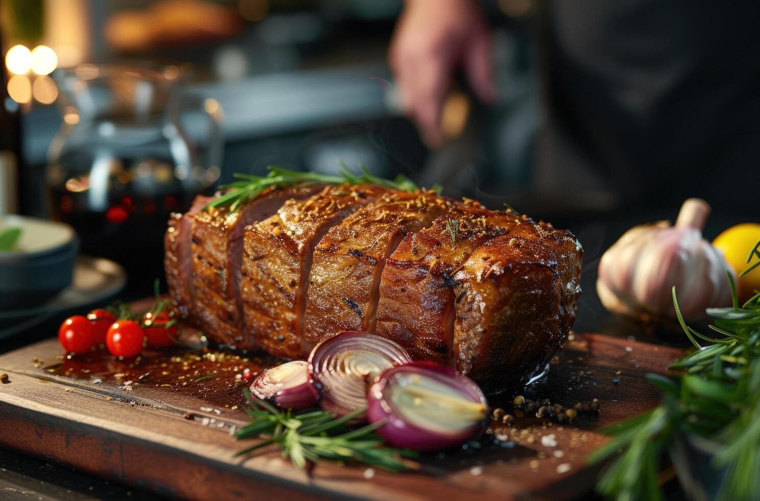 AI generated a person is a piece of roasted beef on a board photo