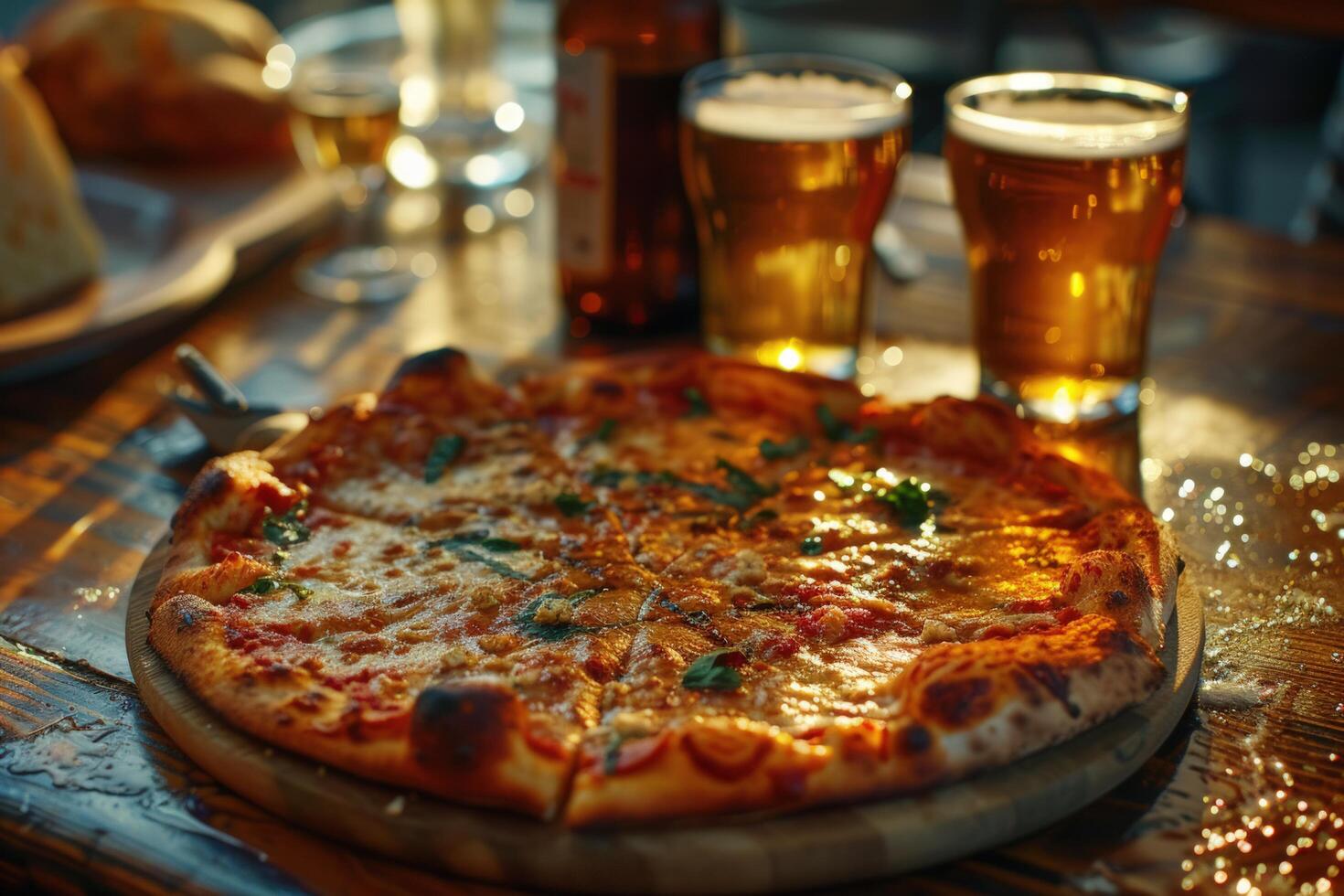 ai generado un Pizza y lentes de cerveza en un mesa foto