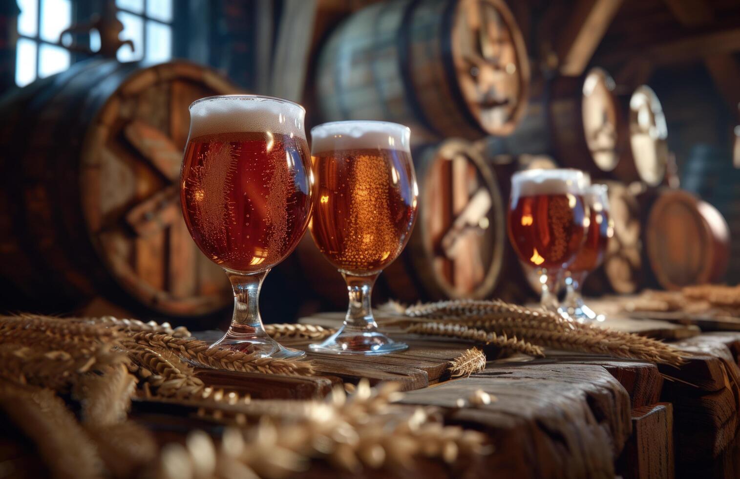 AI generated a series of beer glasses and barrels with some wheat photo