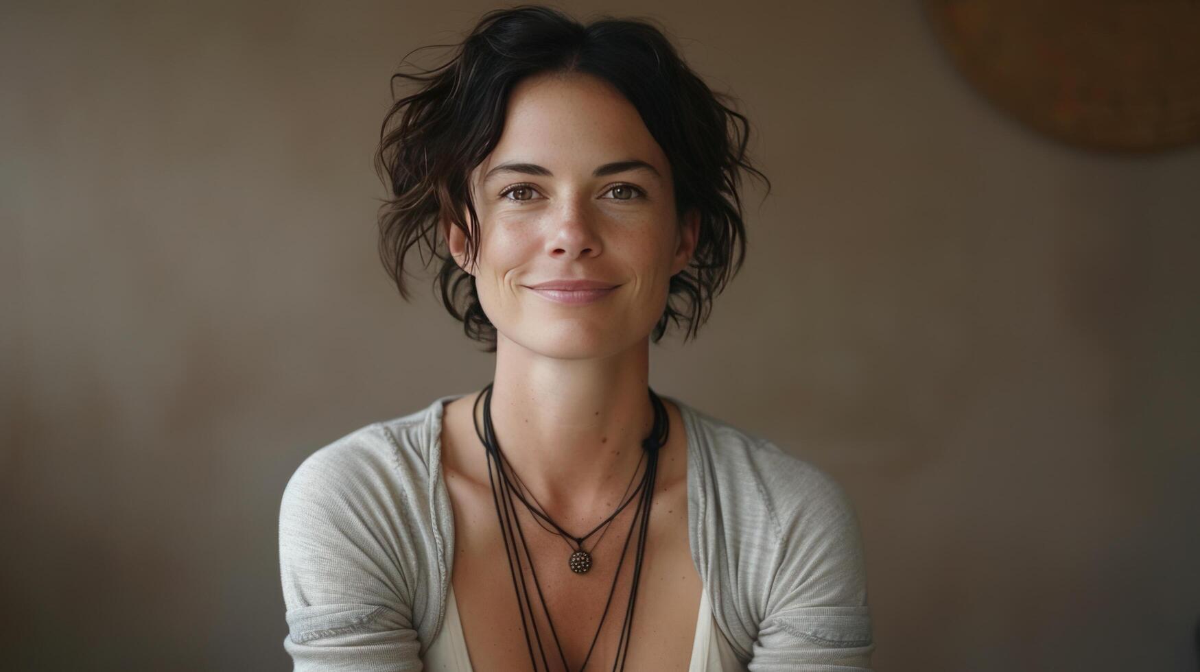 AI generated A serene yoga instructor, in a meditative pose, smiles peacefully, emanating tranquility and inner harmony photo