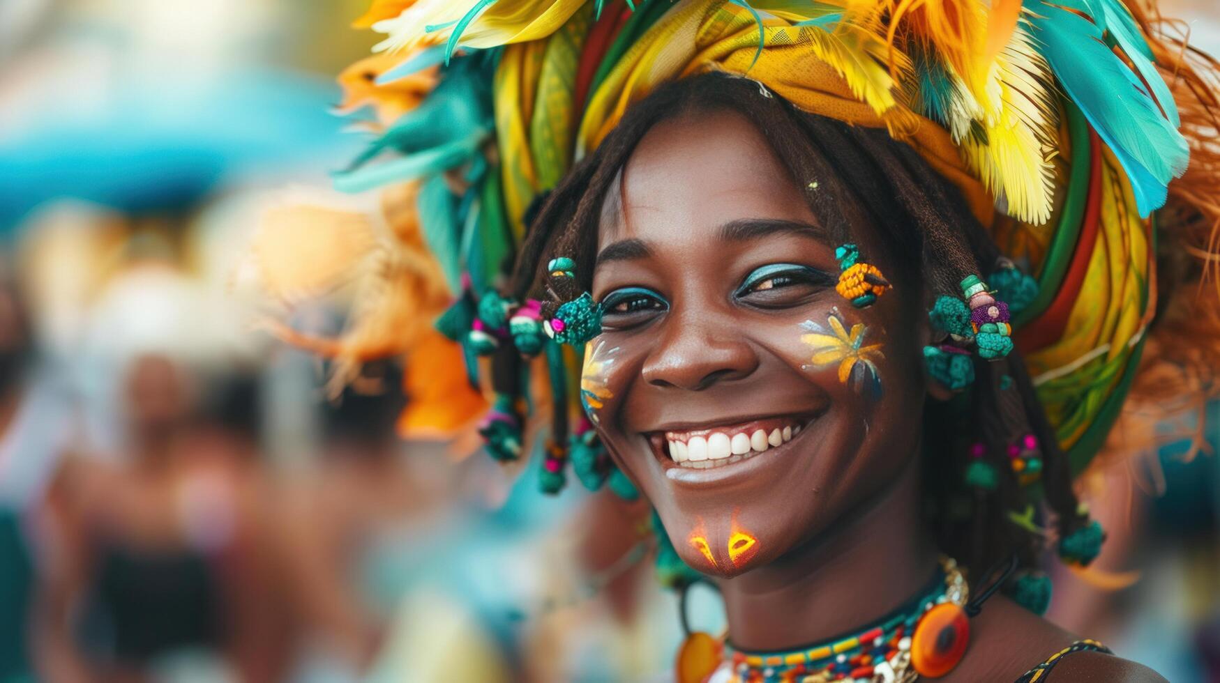 AI generated A vibrant street performer, entertaining passersby, grins with enthusiasm photo