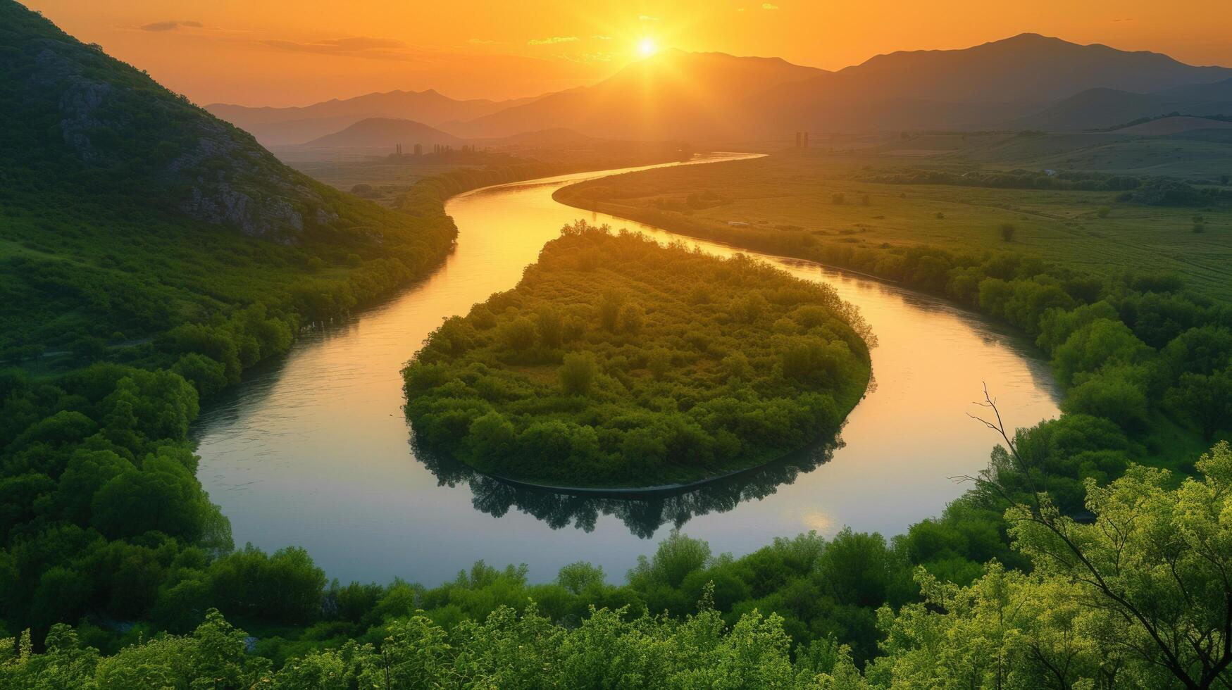 ai generado un devanado río corte mediante lozano verdor, reflejando el dorado matices de un asombroso puesta de sol foto