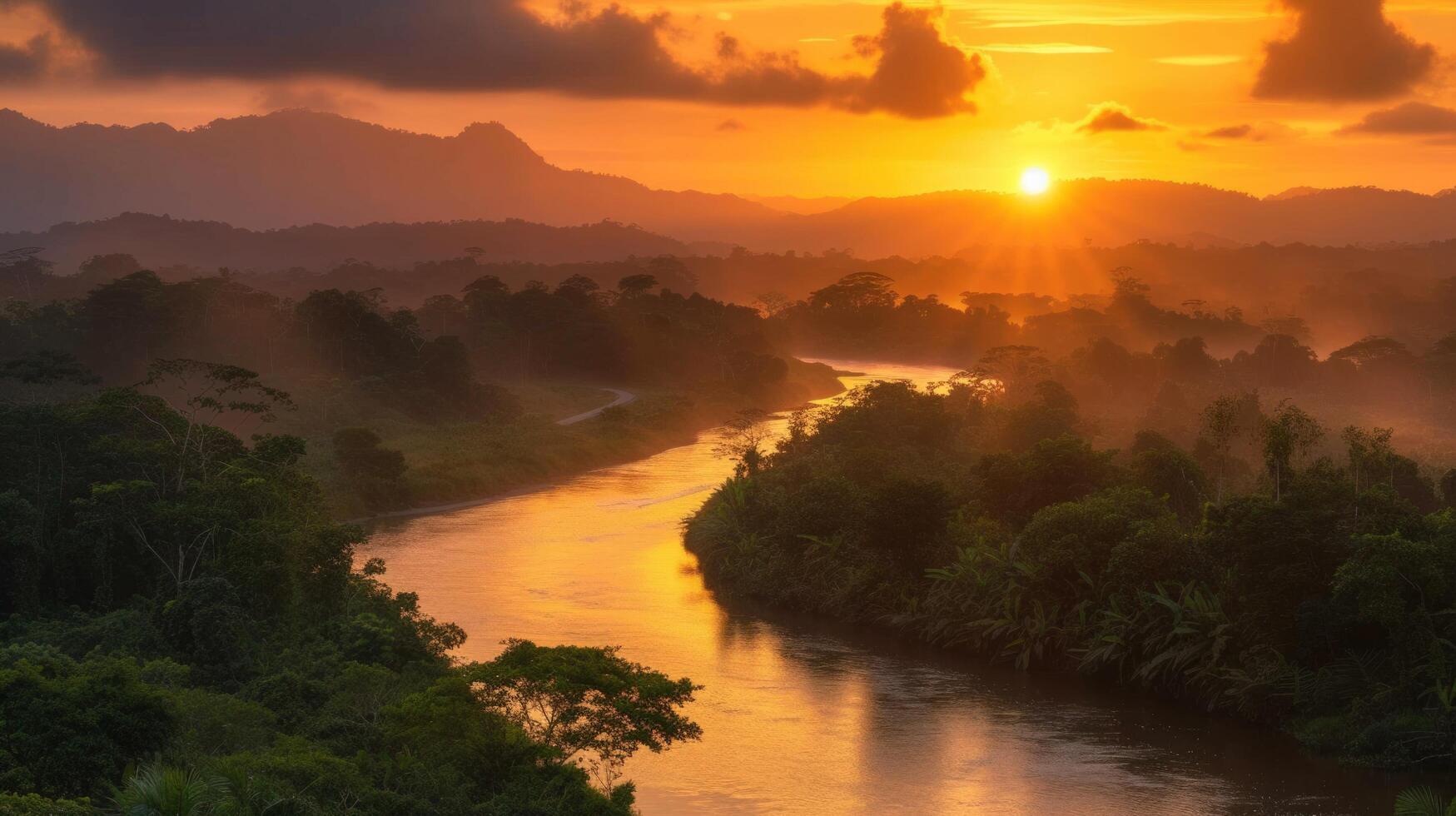 AI generated A winding river cutting through lush greenery, reflecting the golden hues of a breathtaking sunset photo