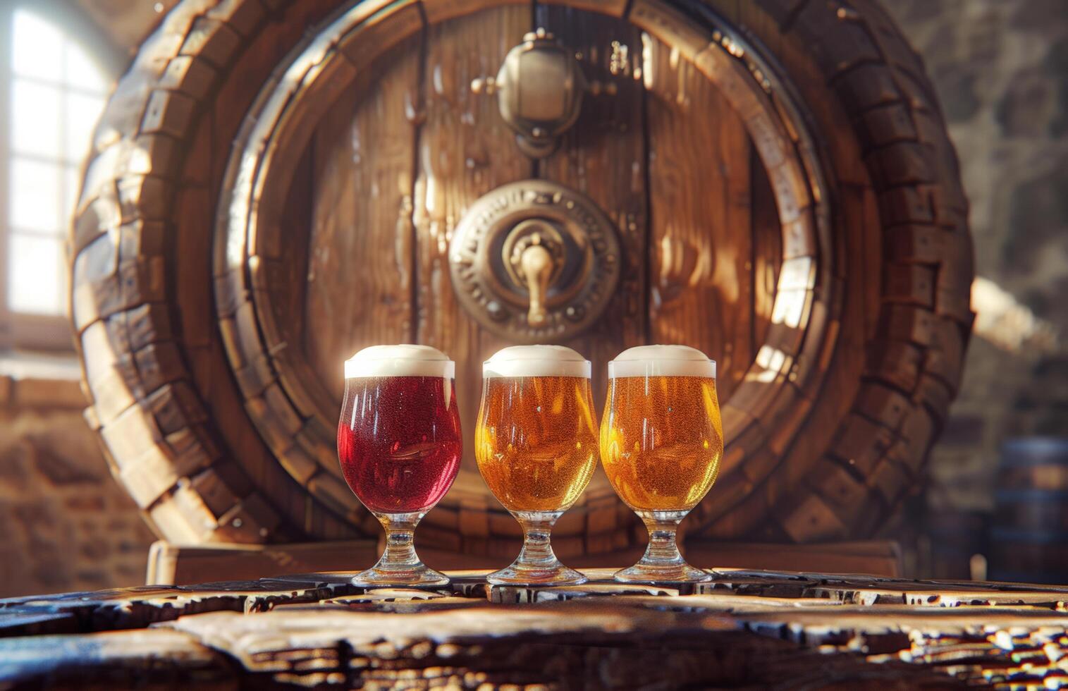 AI generated beer, a barrel and four glasses in front of the barrel photo