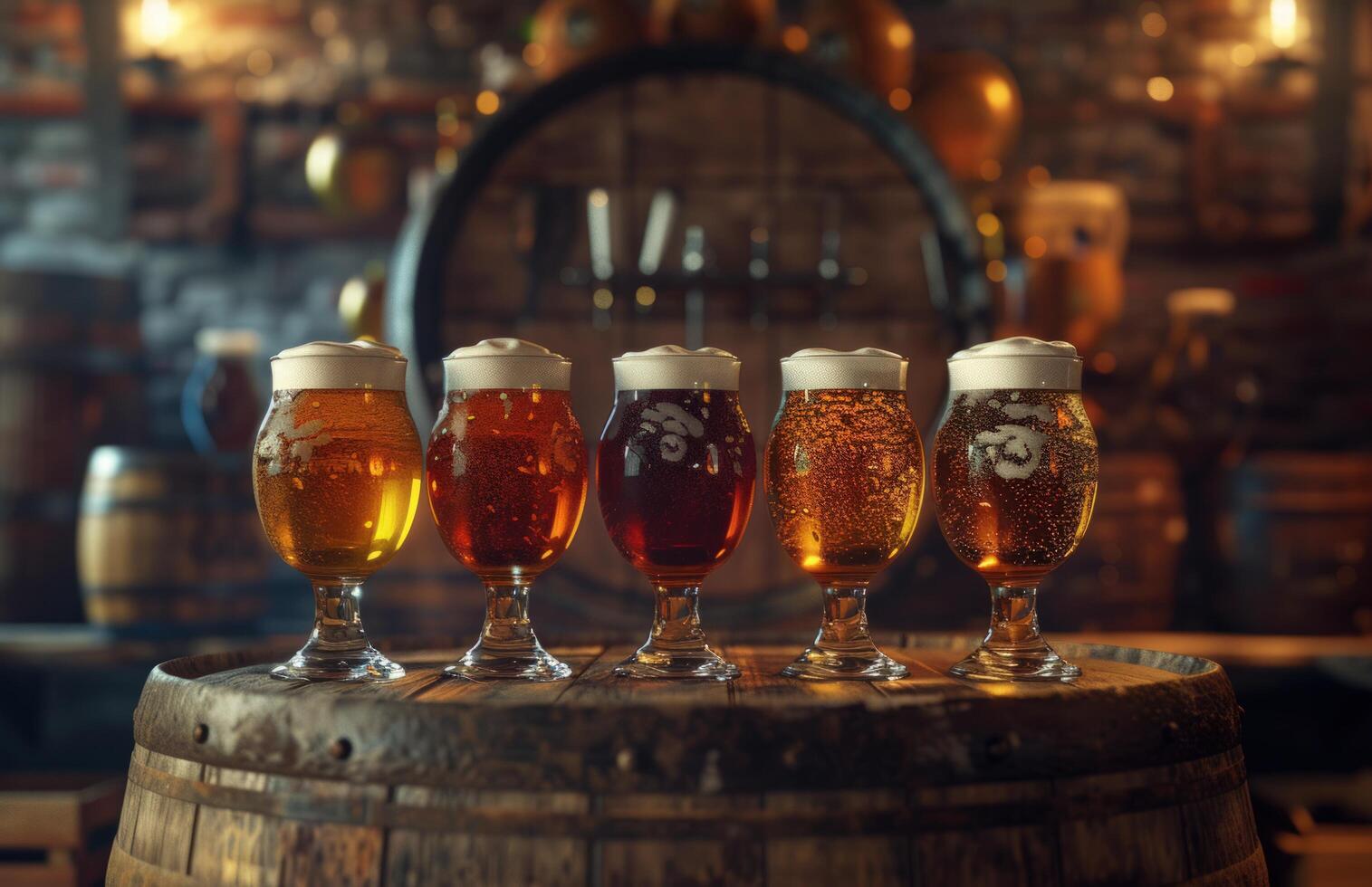 AI generated beer, a barrel and four glasses in front of the barrel photo