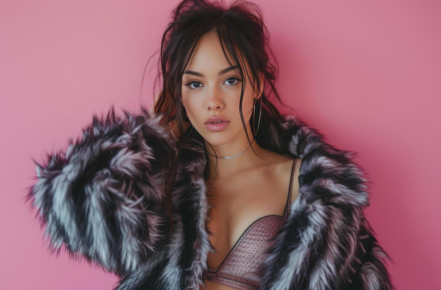 AI generated attractive woman posing wearing fur jacket and top, over a pink background photo