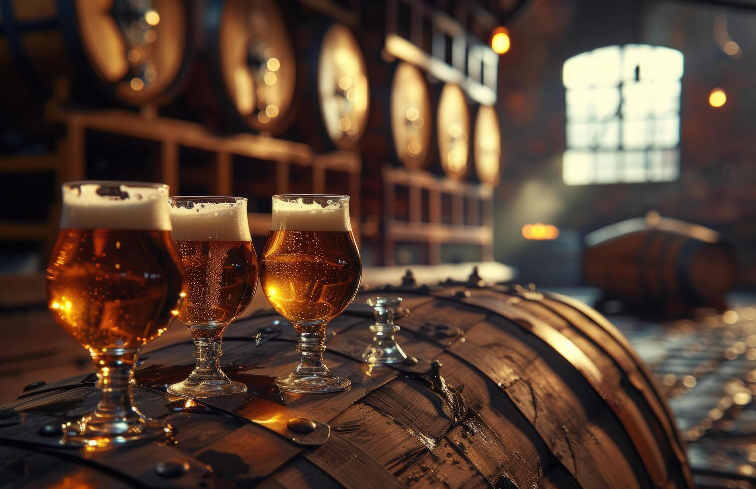 AI generated beer, a barrel and four glasses in front of the barrel photo