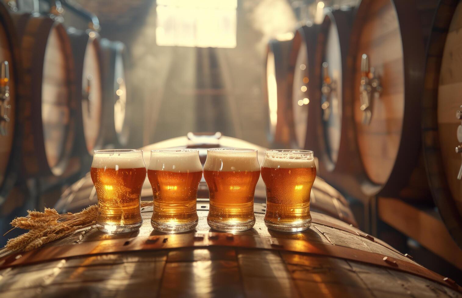 AI generated beer, a barrel and four glasses in front of the barrel photo